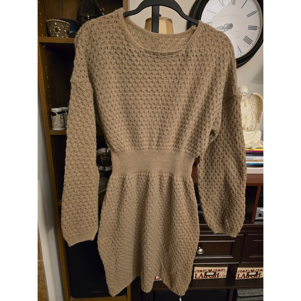 Cupshe Brown Pointelle Knit Sweater Dress Long Sleeve Cinched Waist Mini Small - Picture 2 of 5